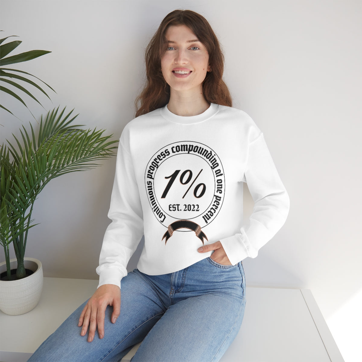 1% Badge Continuous Progress Unisex Heavy Blend Crewneck Sweatshirt | Lifestyle 4X Backside