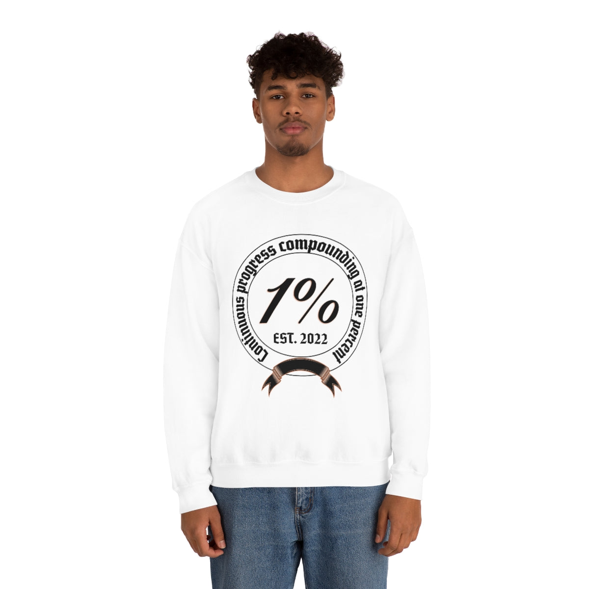 1% Badge Continuous Progress Unisex Heavy Blend Crewneck Sweatshirt | Lifestyle 4X Backside