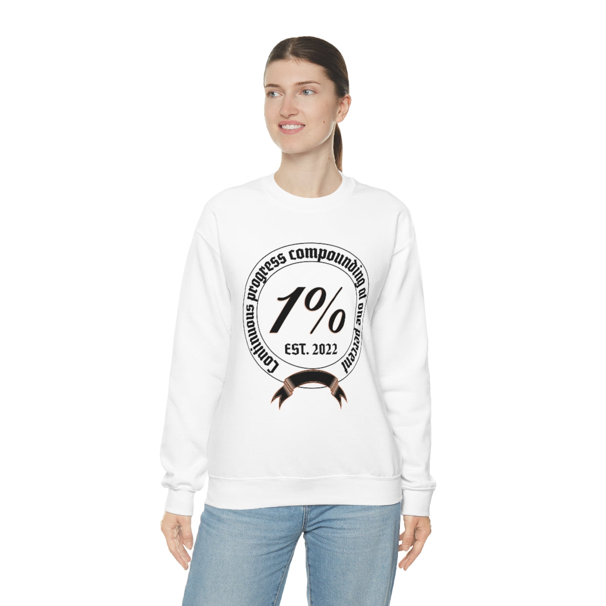 1% Badge Continuous Progress Unisex Heavy Blend Crewneck Sweatshirt | Lifestyle 4X Backside